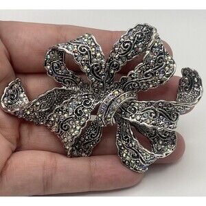 Premier Designs Antique Silver Tone AB Crystal Large Bow Pendant Brooch